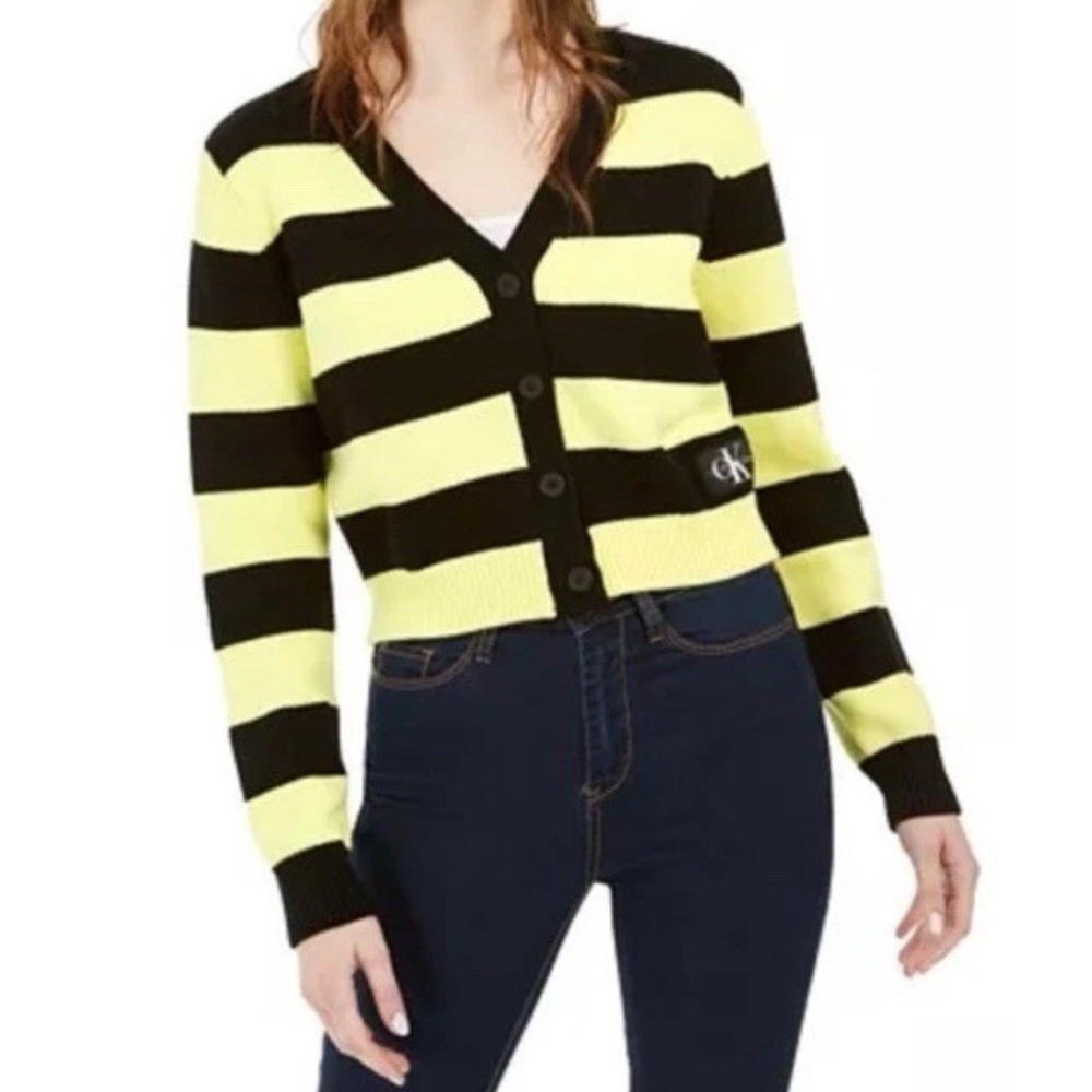 Calvin Klein Womens S Striped Button-Front Boyfriend Cardigan Sweater Cropped CK